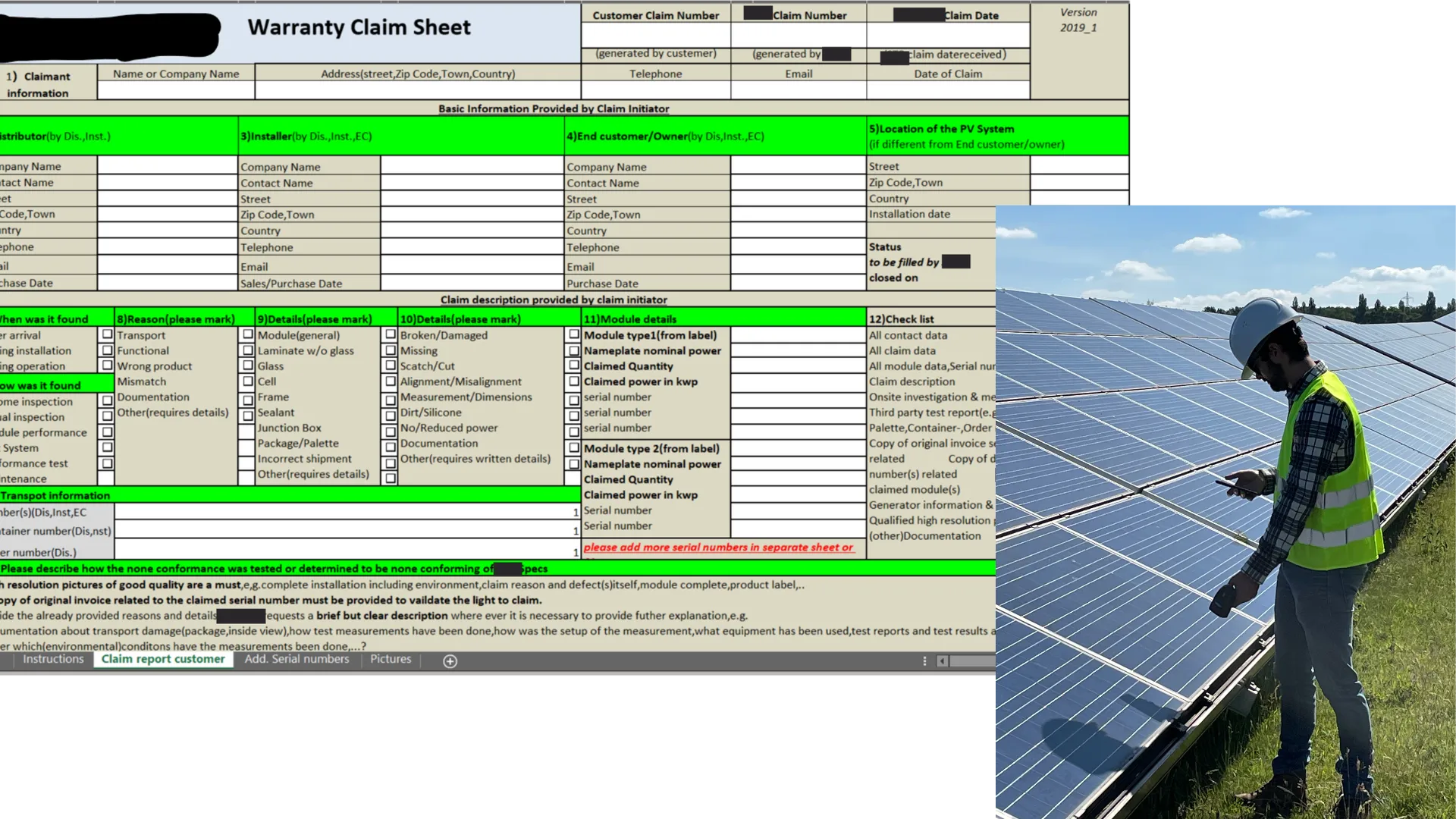 a technician scanning PV modules for a warranty claim